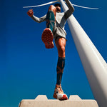 Person in the air with his legs wide.
